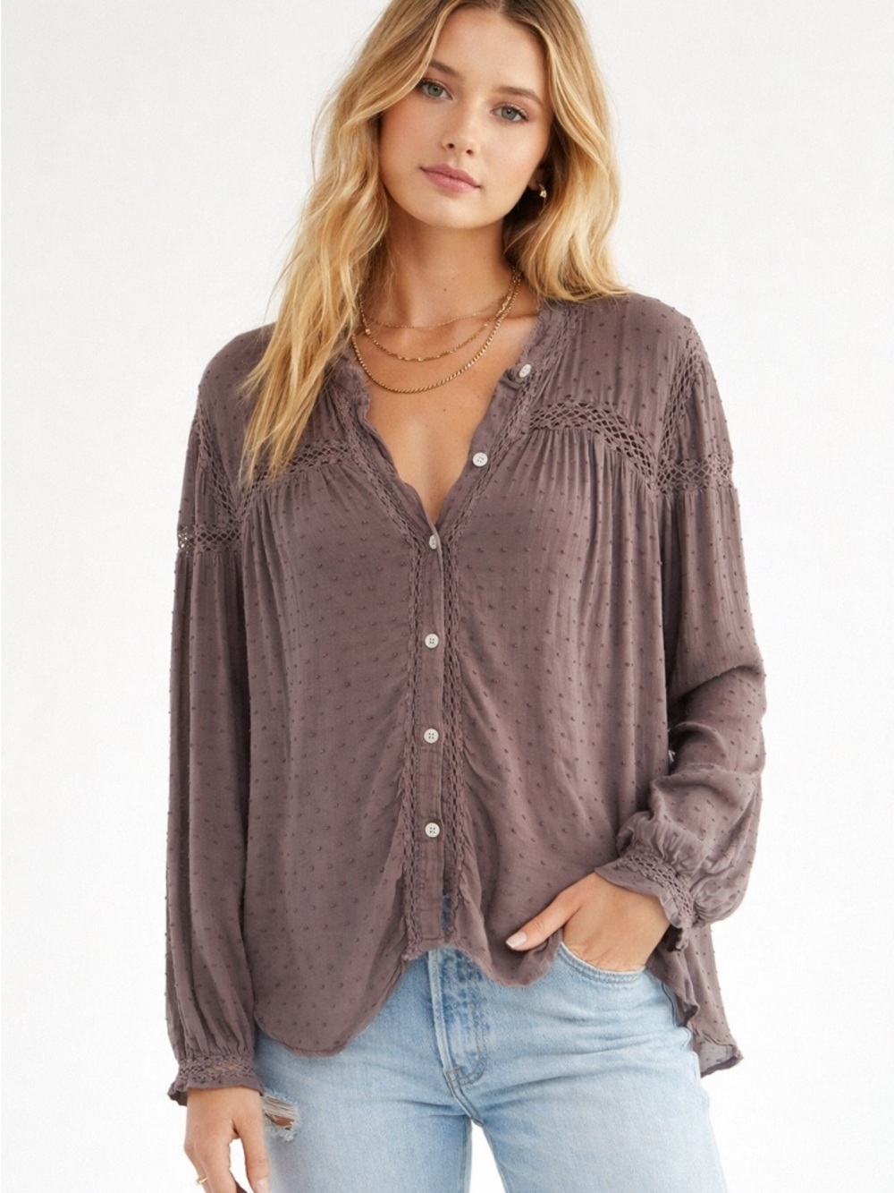 Free People Everyday Girl Swiss Button Down Small/P Crochet Lightweight